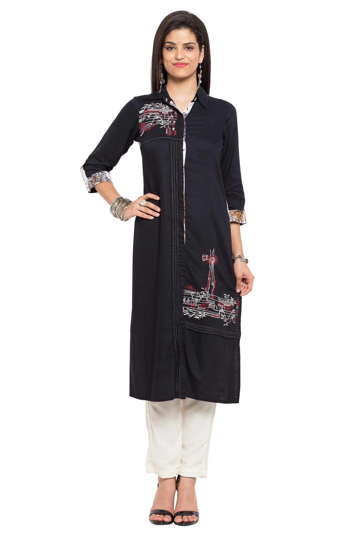 Blended Cotton Straight Kurta Top in Black