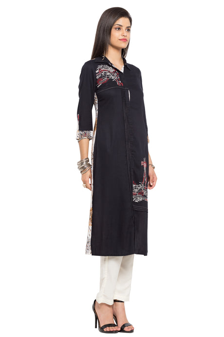 Blended Cotton Straight Kurta Top in Black - Right Side