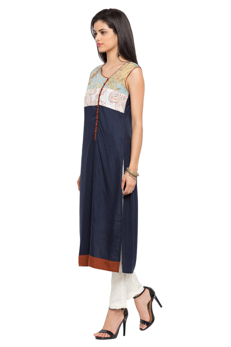 Blended Cotton A-Line Kurta Top in Blue