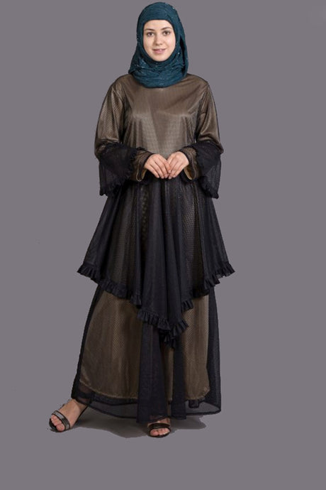 Buy Net Solid Abaya in Black and Gold