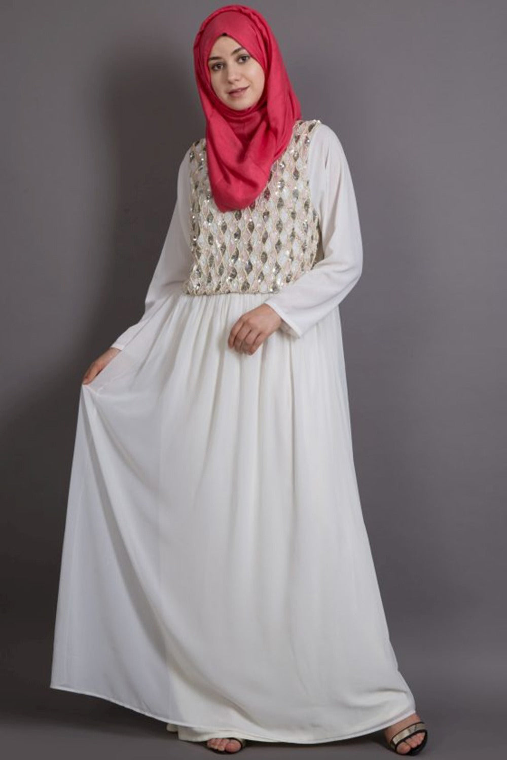 Buy Polycrepe Sequin Abaya in Cream