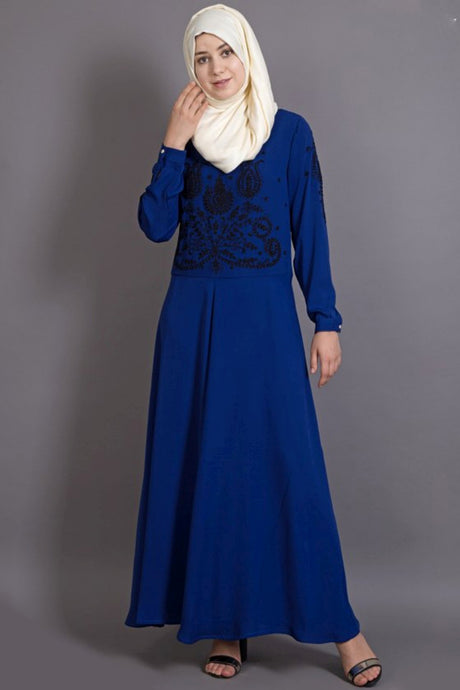 Buy Crepe Embroidered Abaya in Royal Blue