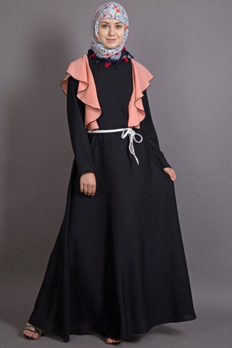 Buy Polyester Solid Abaya in Black and Peach