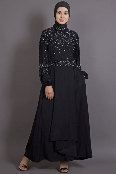 Buy Polycrepe Sequin Abaya in Black