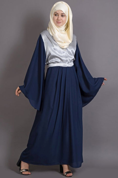 Buy Polyester Solid Abaya in Navy Blue and Silver