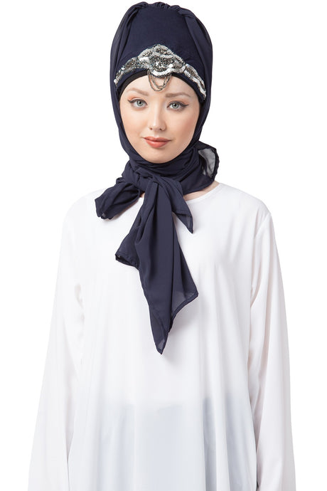 Buy Georgette Sequin Hijab in Navy Blue