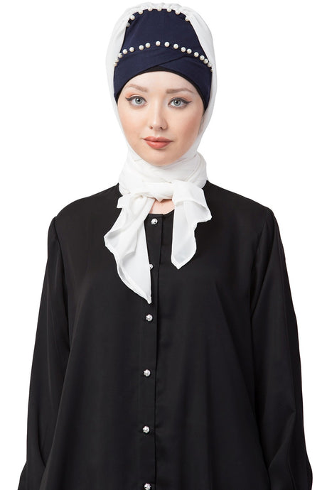 Buy Georgette Pearl Embossed Hijab in Navy Blue and White