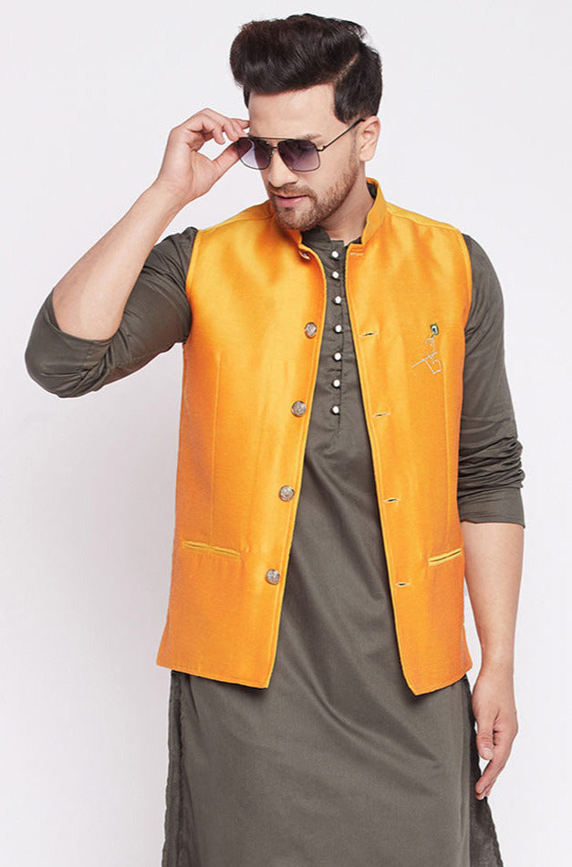 Mustard silk polka dotted nehru jacket by Desi Doree | The Secret Label
