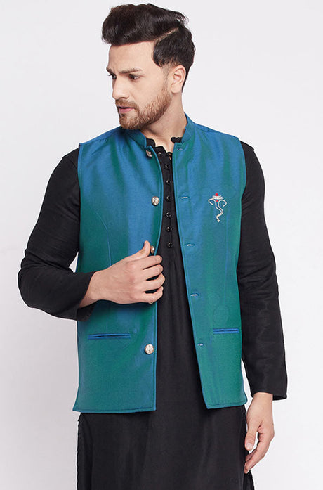 Buy Men's Dupion Woven Nehru jacket in Blue