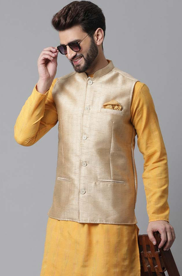 Buy Men's Beige Banarasi Textured Nehru jacket Online - KARMAPLACE