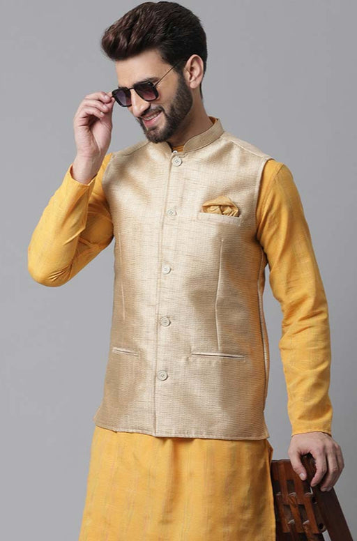 Men's Plus Size Blue and Gold Jacquard Nehru Jacket - Absolutely Desi