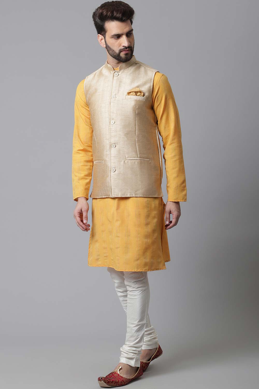 Buy Men's Beige Banarasi Textured Nehru jacket Online - KARMAPLACE