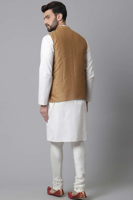 Buy Men's Gold Banarasi Textured Nehru jacket Online - KARMAPLACE