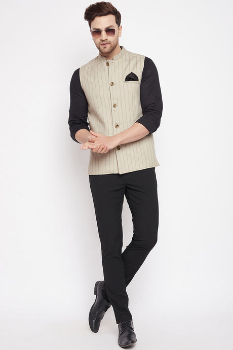 Buy Men's Blended Linen Stripes Nehru Jacket in Beige