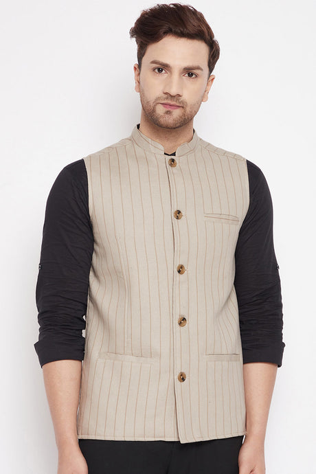 Buy Men's Blended Linen Stripes Nehru Jacket in Beige