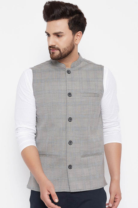 Buy Men's Merino Checks Nehru Jacket in Grey