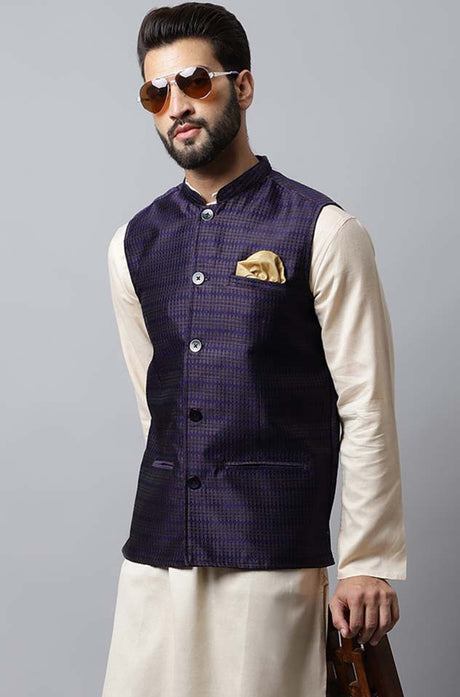 Buy Men's Blue Banarasi Checks Nehru jacket Online - KARMAPLACE