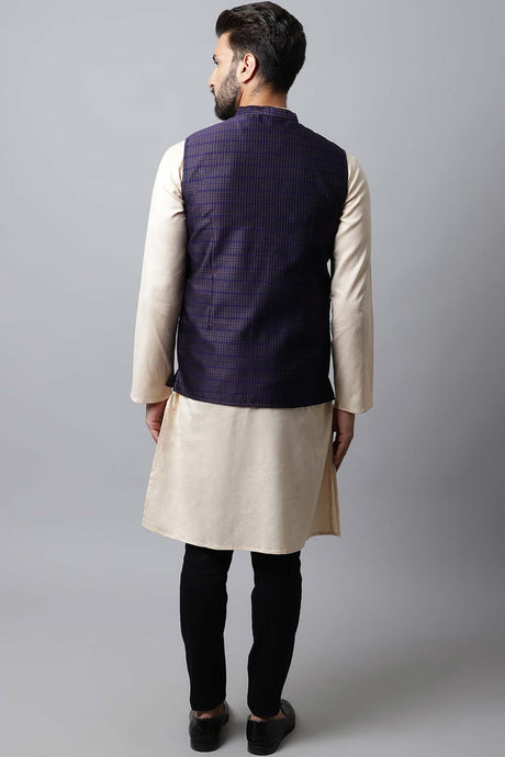 Buy Men's Blue Banarasi Checks Nehru jacket Online - KARMAPLACE