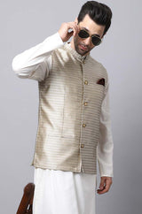 Buy Men's Beige Banarasi Self-design Nehru jacket Online - KARMAPLACE