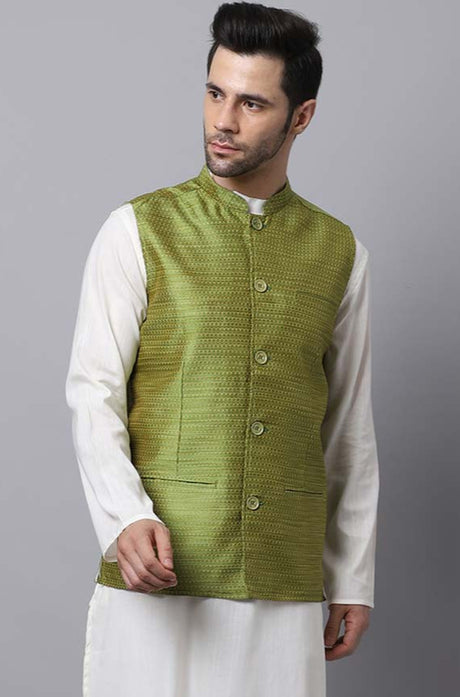 Buy Men's Green Banarasi Self-design Nehru jacket Online - KARMAPLACE