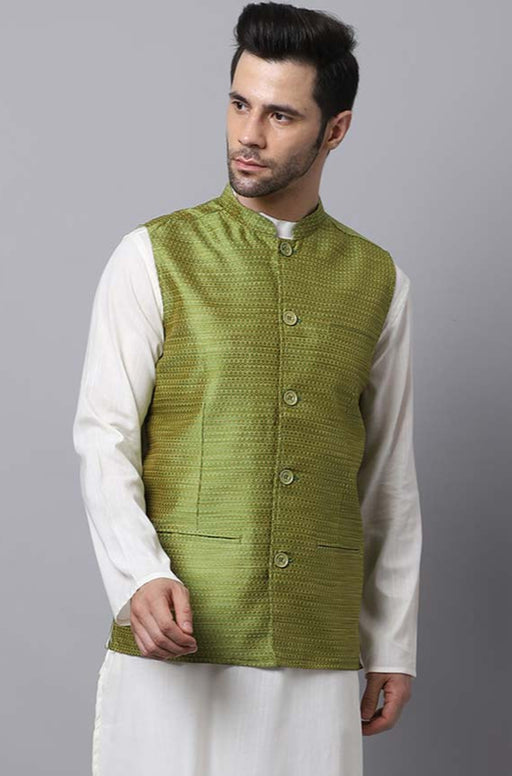 New Designer Men Dark Green Brocade Nehru Jacket With Golden Work By  Treemoda