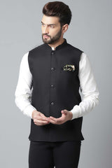 Buy Men's Black Linen Blend Solid Waistcoat Online - KARMAPLACE