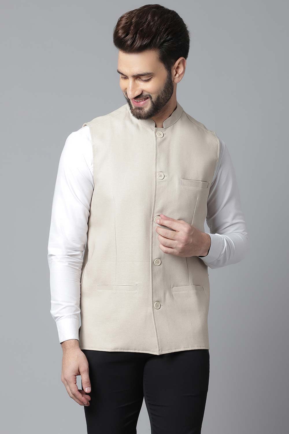 Buy Men's Cream Linen Blend Solid Waistcoat Online - KARMAPLACE