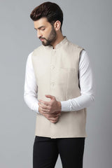 Buy Men's Cream Linen Blend Solid Waistcoat Online - KARMAPLACE