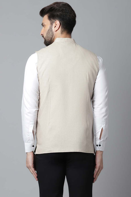 Buy Men's Cream Linen Blend Solid Waistcoat Online - KARMAPLACE
