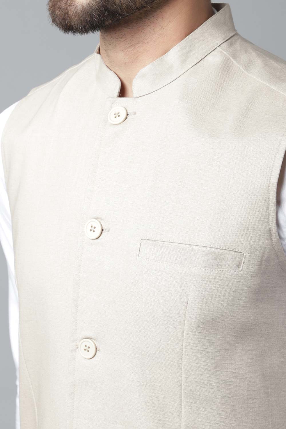 Buy Men's Cream Linen Blend Solid Waistcoat Online - KARMAPLACE