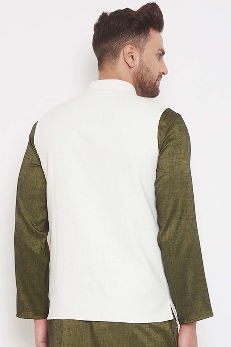 Buy Men's White Linen Blend Solid Nehru jacket Online - KARMAPLACE