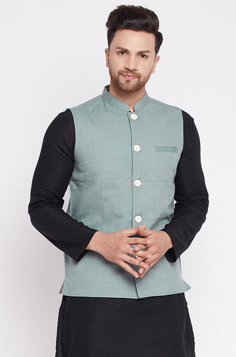 Buy Men's Blended Linen Woven Nehru jacket in Green