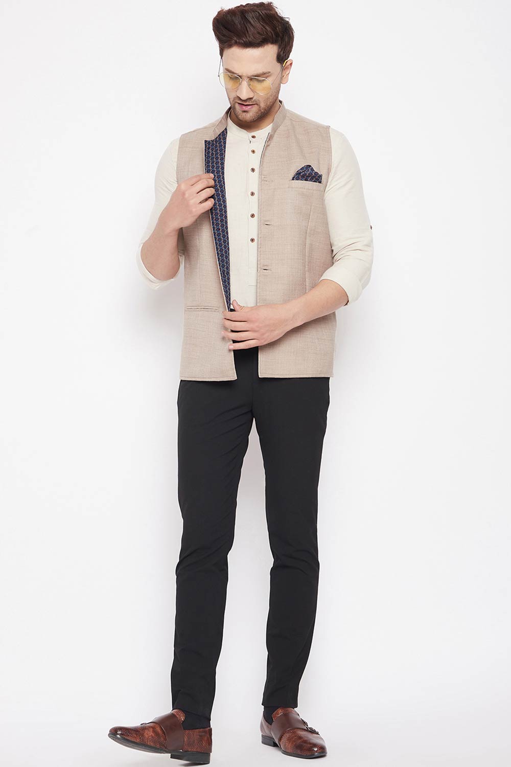 Buy Men's Linen Solid Nehru Jacket in Cream
