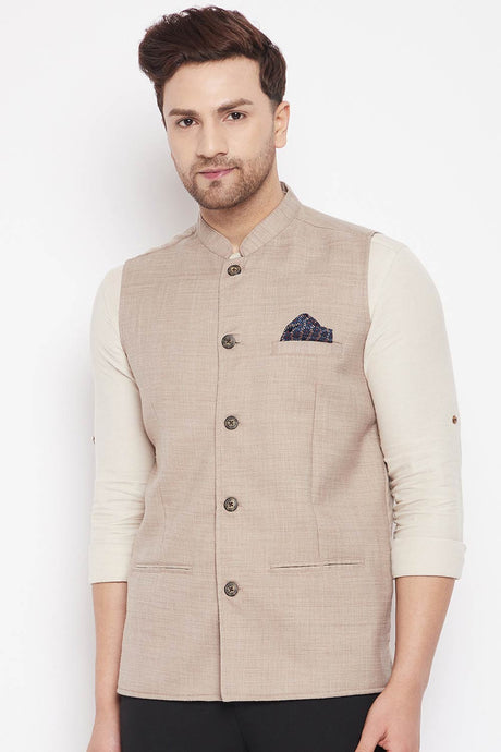 Buy Men's Linen Solid Nehru Jacket in Cream