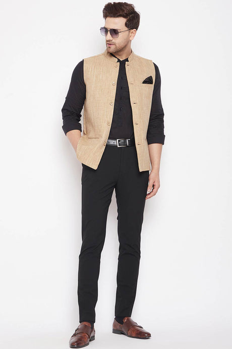 Buy Men's Linen Solid Nehru Jacket in Beige