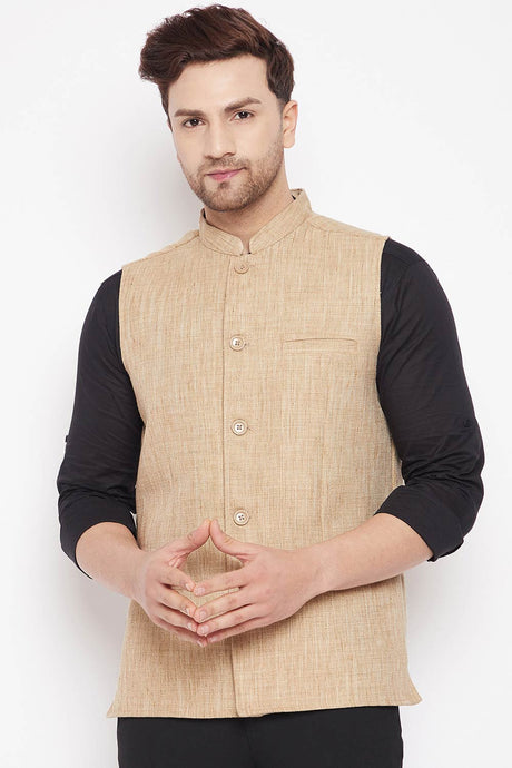 Buy Men's Linen Solid Nehru Jacket in Beige