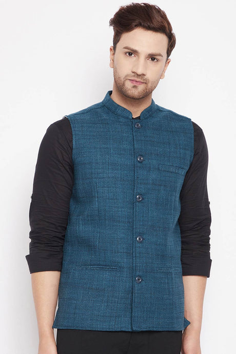 Buy Men's Linen Solid Nehru Jacket in Blue
