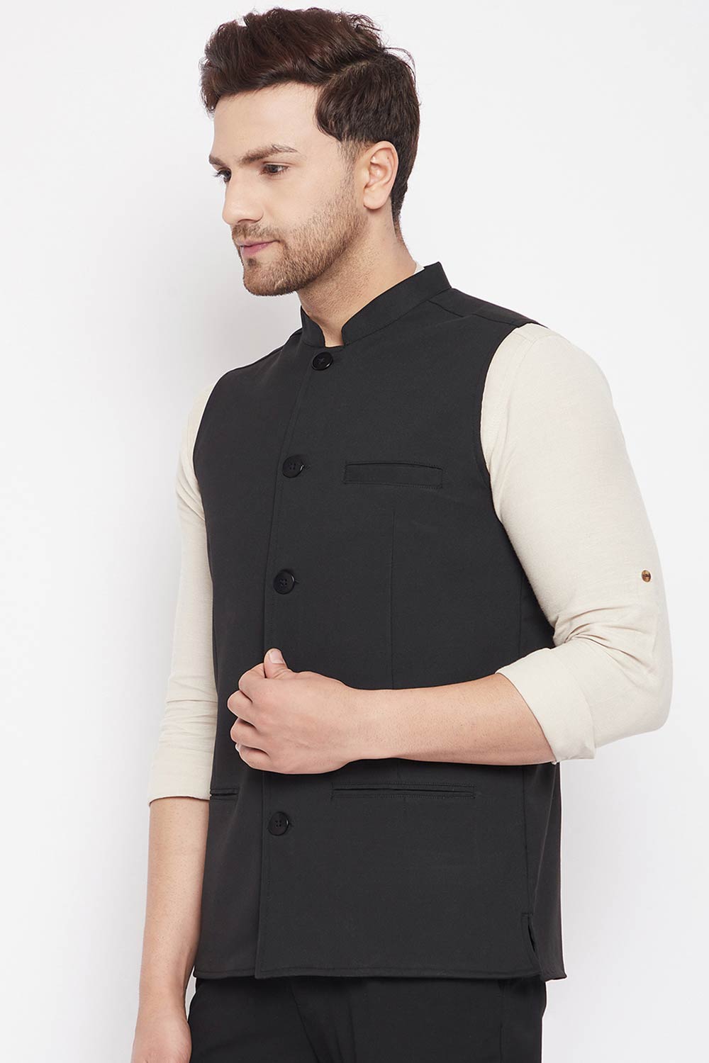 Buy Men's Merino Solid Nehru Jacket in Black