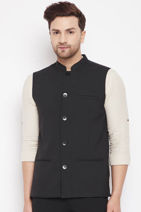 Buy Men's Merino Solid Nehru Jacket in Black