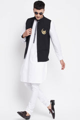 Buy Men's Merino Chand Embroidery Nehru Jacket in Black - Front
