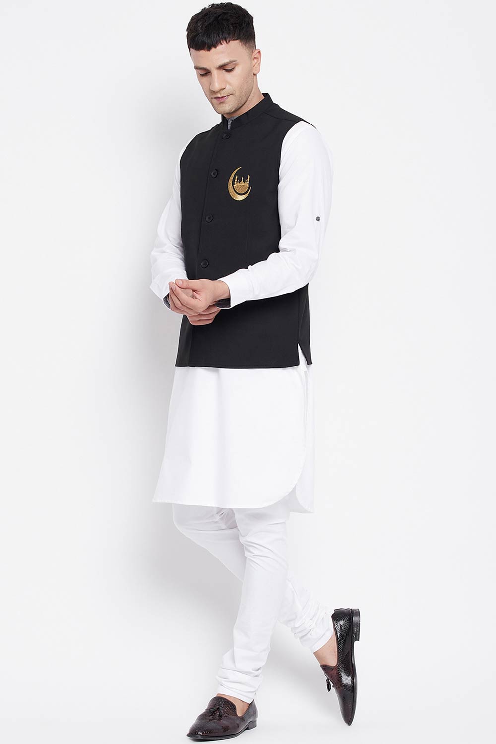 Buy Men's Merino Chand Embroidery Nehru Jacket in Black - Back