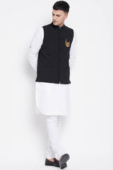 Buy Men's Merino Chand Embroidery Nehru Jacket in Black - Side