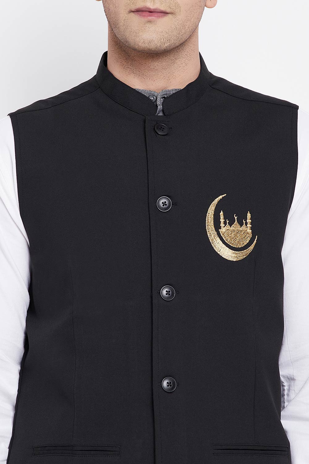 Buy Men's Merino Chand Embroidery Nehru Jacket in Black - Zoom Out
