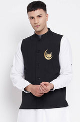 Buy Men's Merino Chand Embroidery Nehru Jacket in Black