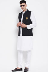 Buy Men's Merino Eid Mubarak Embroidery Nehru Jacket in Black - Front