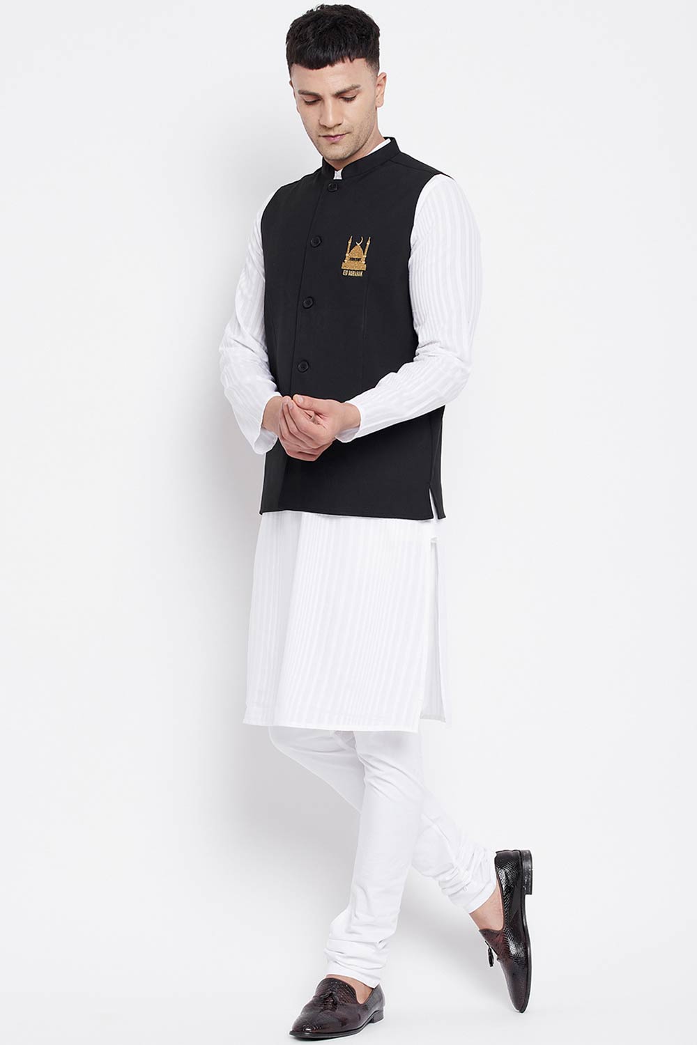 Buy Men's Merino Eid Mubarak Embroidery Nehru Jacket in Black - Back