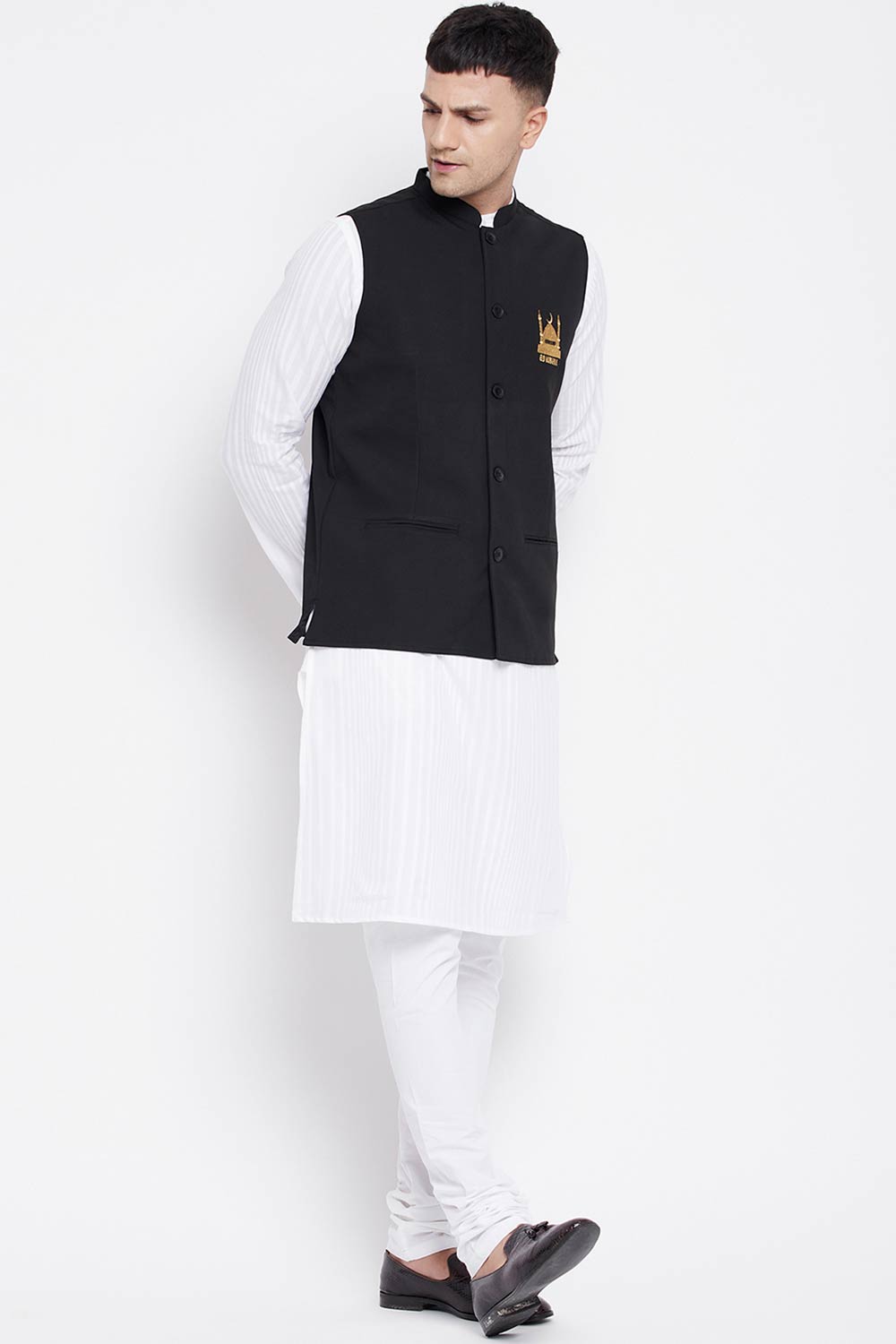 Buy Men's Merino Eid Mubarak Embroidery Nehru Jacket in Black - Side