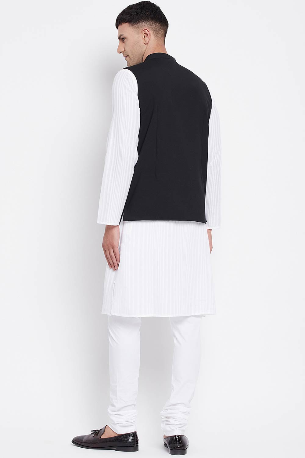 Buy Men's Merino Eid Mubarak Embroidery Nehru Jacket in Black - Zoom in
