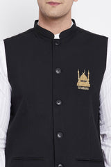 Buy Men's Merino Eid Mubarak Embroidery Nehru Jacket in Black - Zoom Out