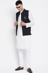 Buy Men's Merino Moon and Star Embroidery Nehru Jacket in Black - Front